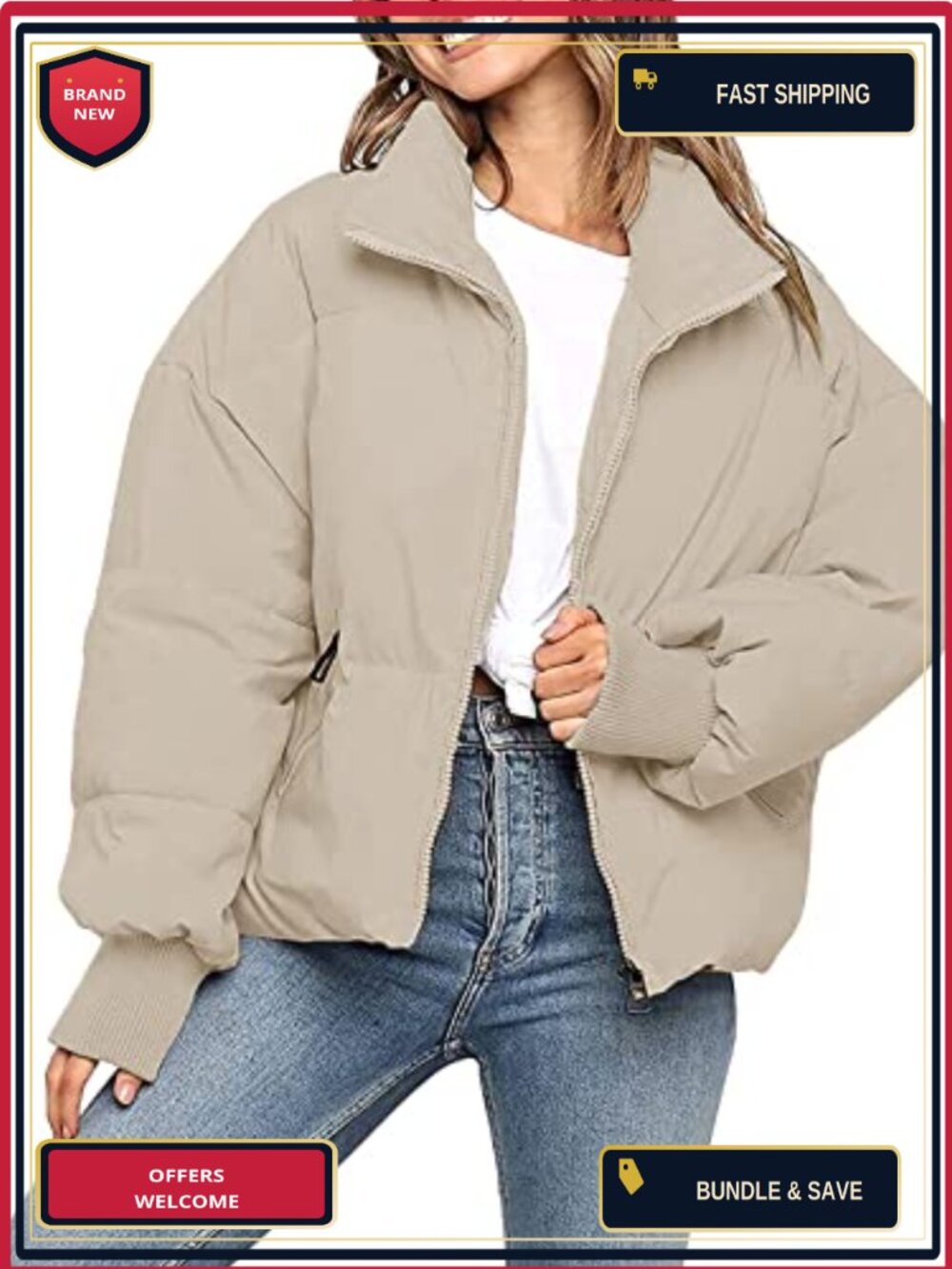 Oversized Quilted Puffer Jacket Long Sleeve Warm Winter Coat Full Polyester